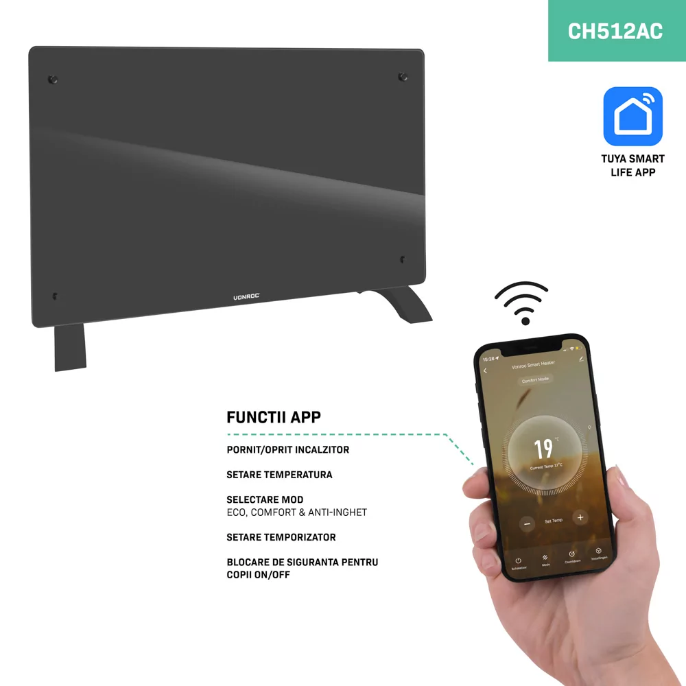 Convector electric de lux, 2000W, Panou de sticla, WiFi- control Aplicatie, Alb/Gri/Bej/Negru [9]