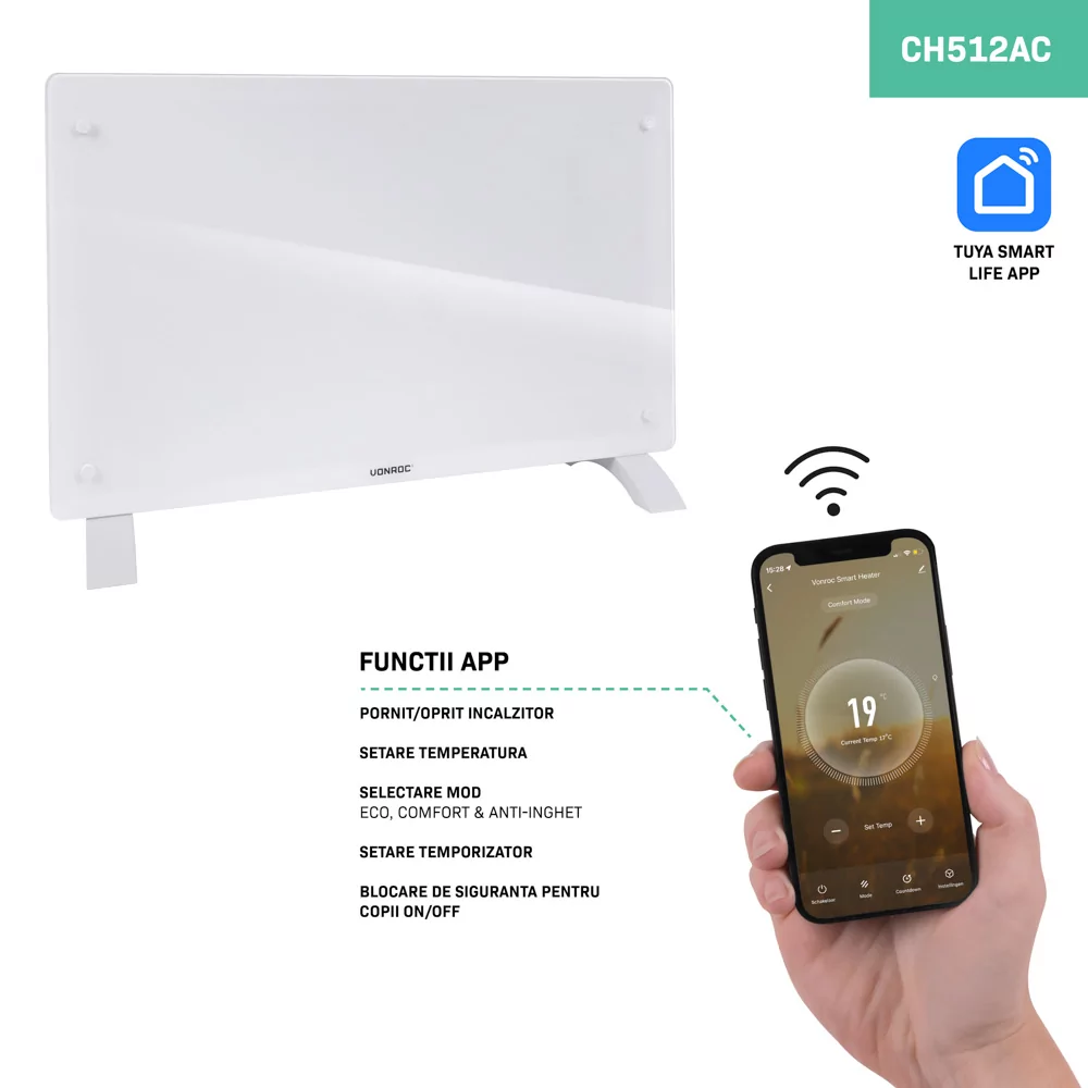 Convector electric de lux, 2000W, Panou de sticla, WiFi- control Aplicatie, Alb/Gri/Bej/Negru [2]
