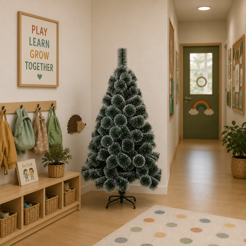 Decoratiune Brad Artificial MANIITSOQ, 150 cm, 130 varfuri, Suport Metalic, Plastic, Ace Verzi cu Varfuri Albe [3]