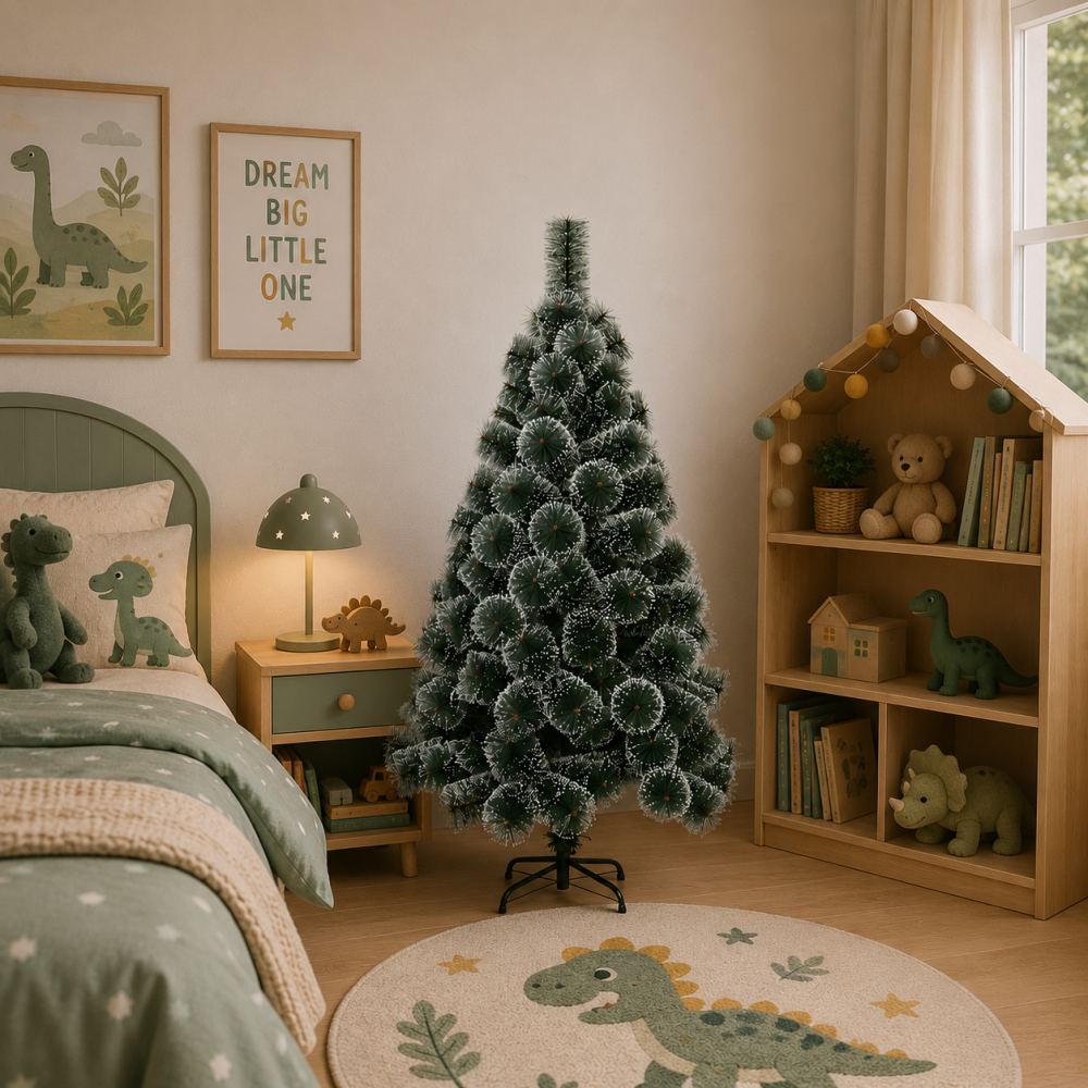 Decoratiune Brad Artificial MANIITSOQ, 150 cm, 130 varfuri, Suport Metalic, Plastic, Ace Verzi cu Varfuri Albe [2]