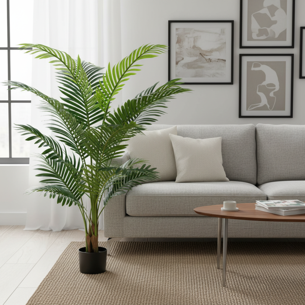 Decoratiune Palmier Kentia, 3 tulpini, Plastic, 17 frunze, 160 cm, Verde [3]