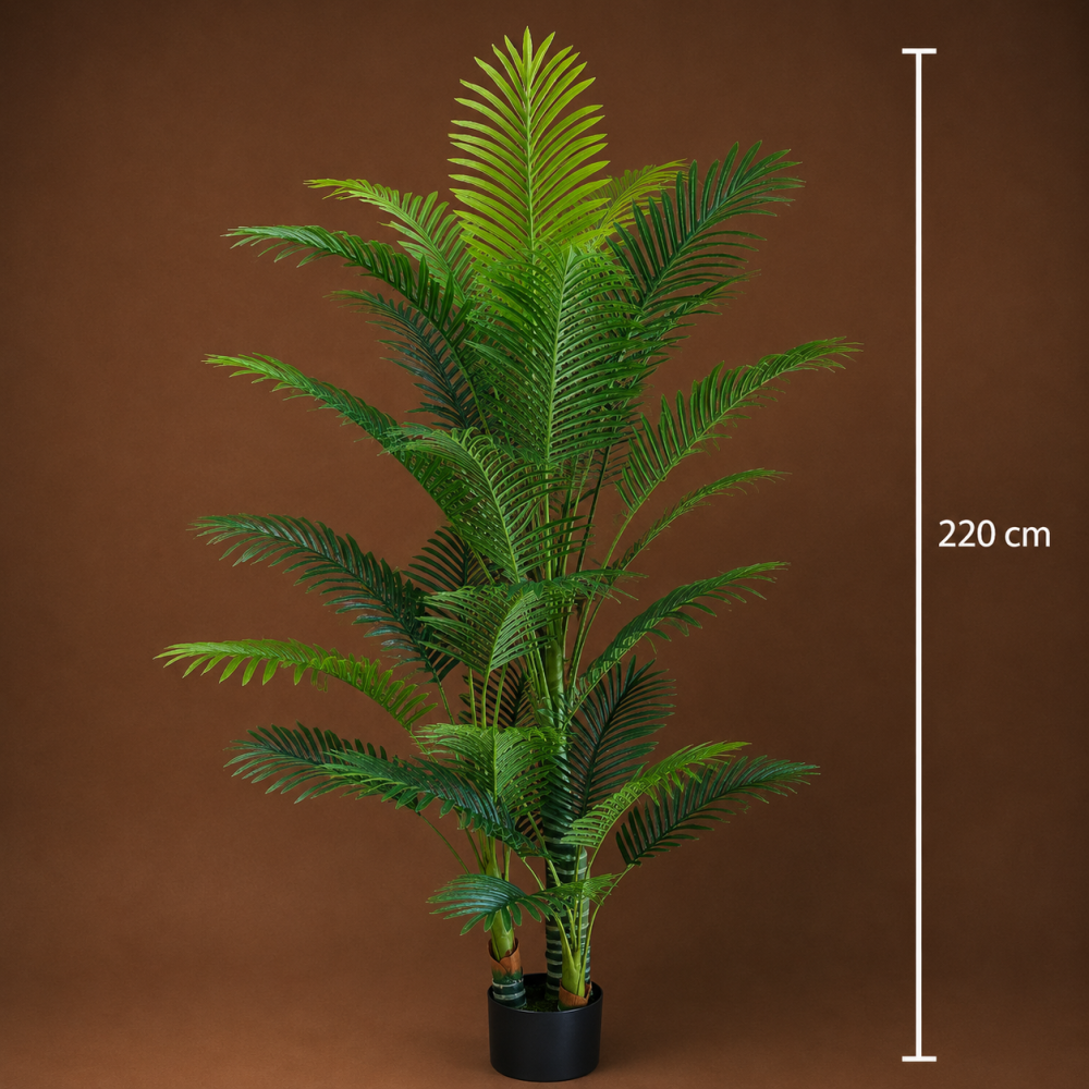 Decoratiune Palmier Kentia, 3 tulpini, Plastic, 17 frunze, 220 cm, Verde [4]