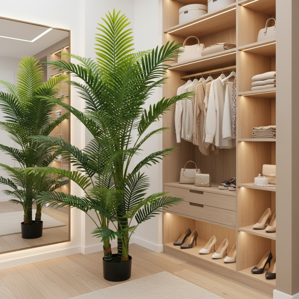 Decoratiune Palmier Kentia, 3 tulpini, Plastic, 17 frunze, 220 cm, Verde [3]