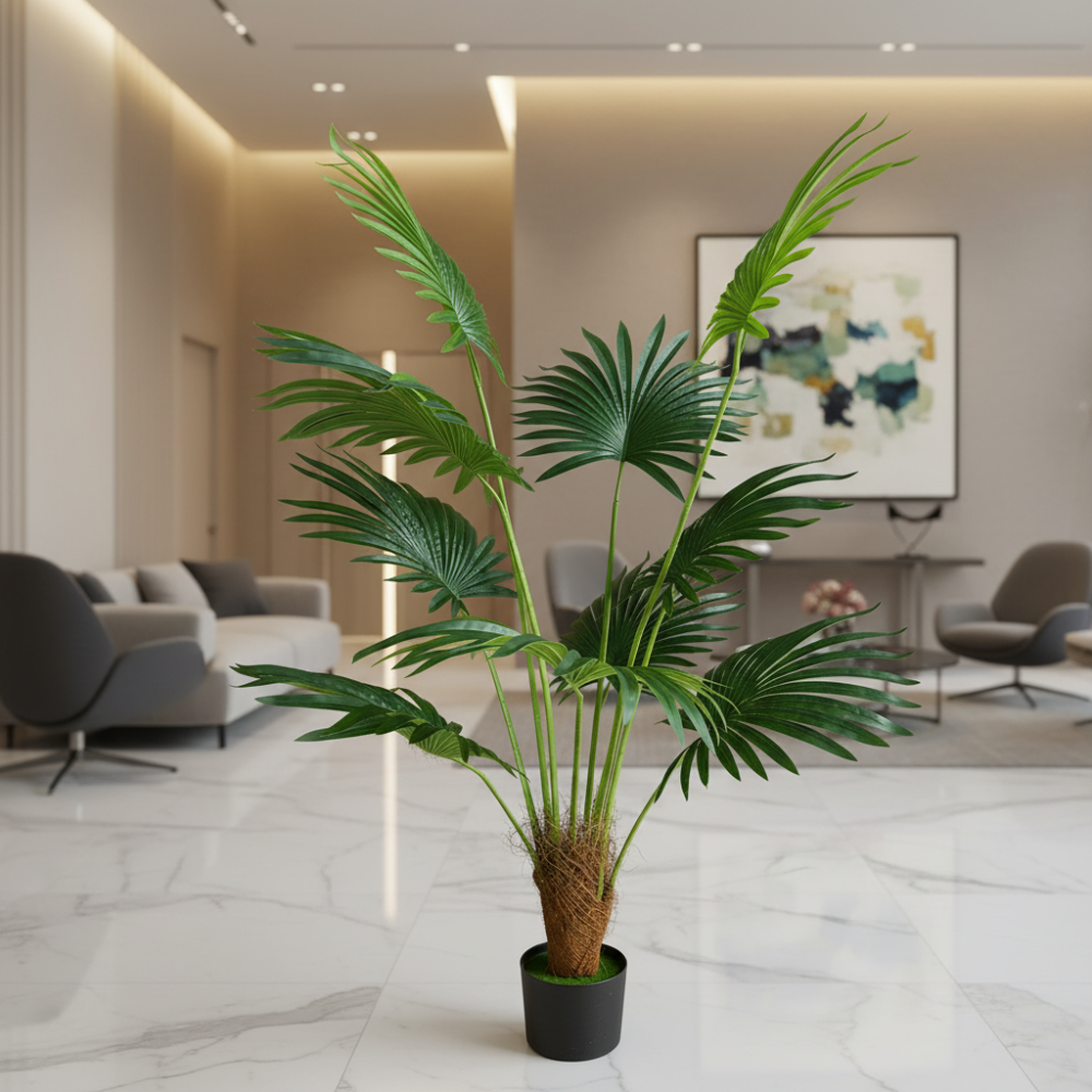 Decoratiune Palmier Livistona Evantai, 10 frunze, Plastic, 160 cm, Verde [4]