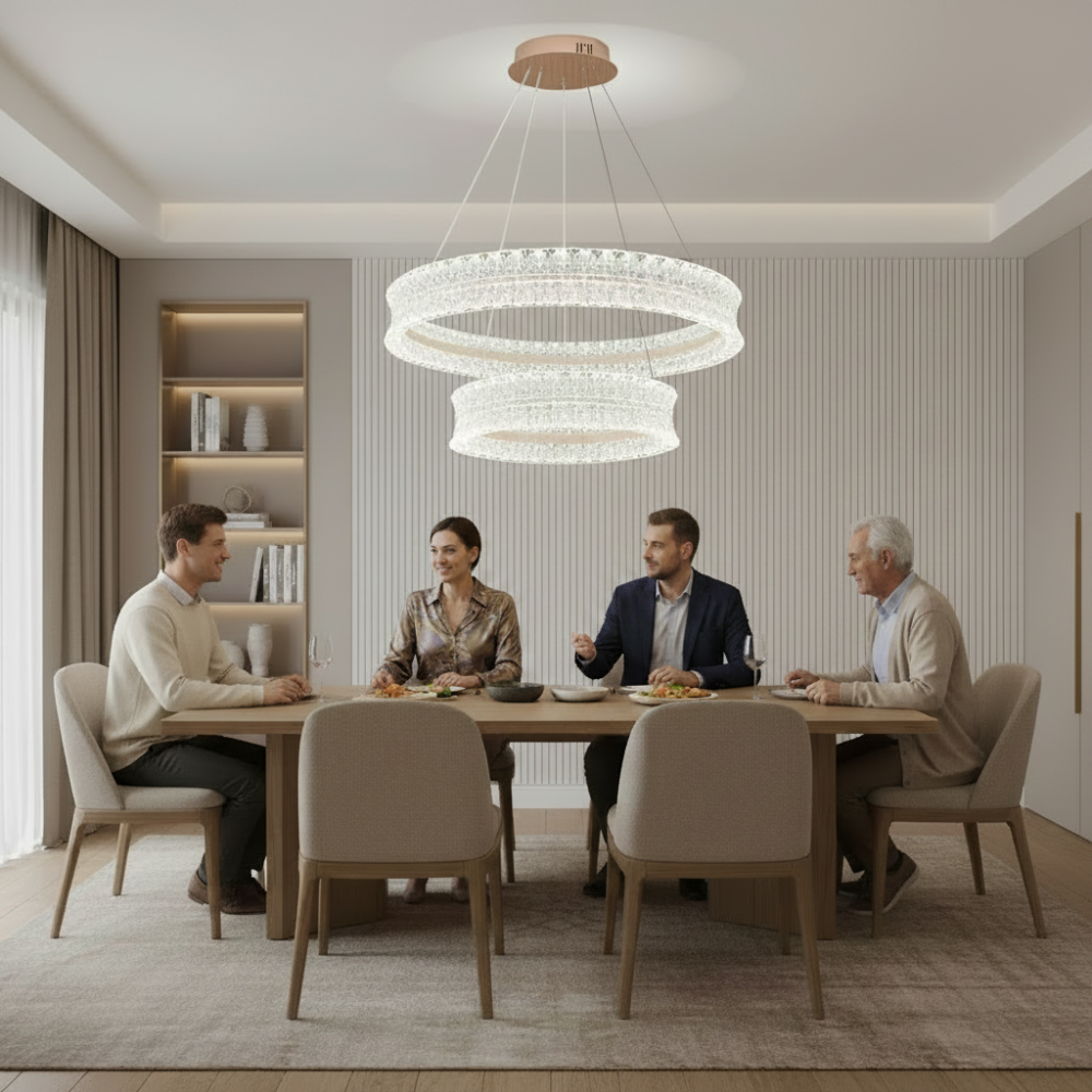 Lustra LED Cristal cu telecomanda, 118W, Lumina Calda/Neutra/Rece, Φ60 cm, Inaltime Reglabila, Metal si Cristal, Auriu [3]