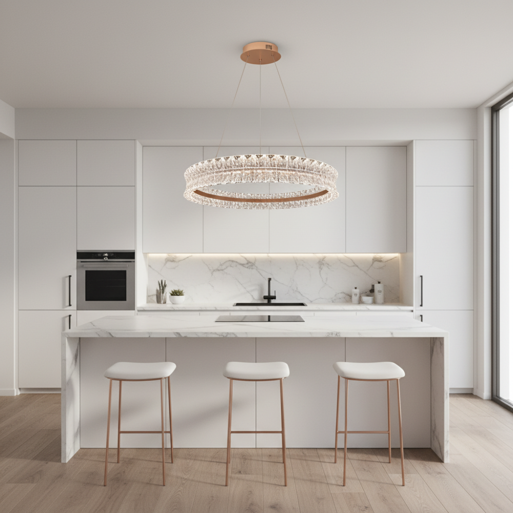 Lustra LED Cristal cu telecomanda, 49W, Lumina Calda/Neutra/Rece, Φ40 cm, Inaltime Reglabila, Metal si Cristal, Auriu [3]