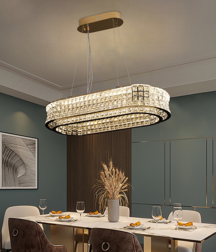 Lustra LED cu Telecomanda, LLC160/750X350GD, Cristal si Metal, 71W, Dimabila, Inaltime Reglabila, Lumina Rece/Calda/Neutra, Iluminat Luxos [3]