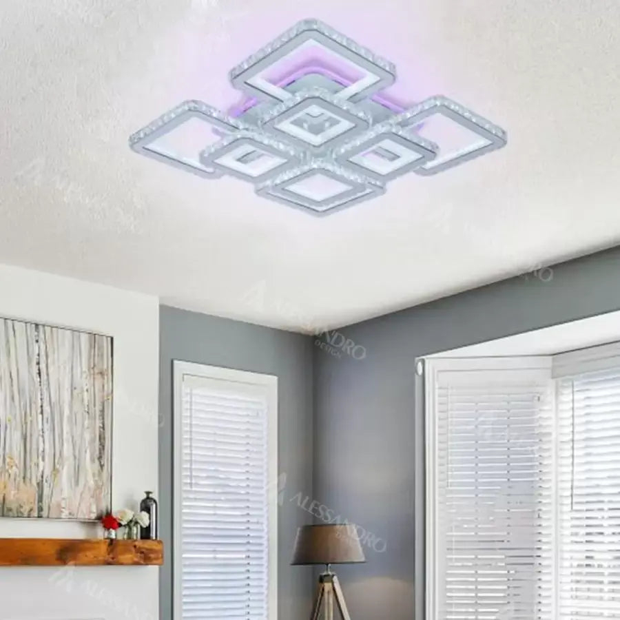 Lustra LED cu telecomanda si cristal LEILA 175W, 8 Patrate, lumina Rece/Calda/Neutra, Dimabila, Alb Crom Lucios [3]