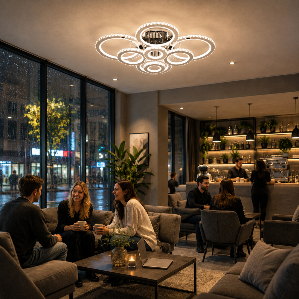 Lustra LED cu telecomanda si cristal NOVA ROTONDA RGB 239W, 8 Cercuri, lumina Rece/Calda/Neutra, Dimabila, Crom Lucios [2]