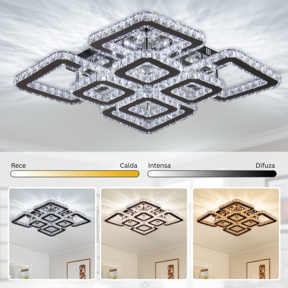 Lustra LED cu telecomanda si cristal QUADRIA SUPREMO RGB 168W, 8 Patrate, lumina Rece/Calda/Neutra, Dimabila, Crom Lucios [3]