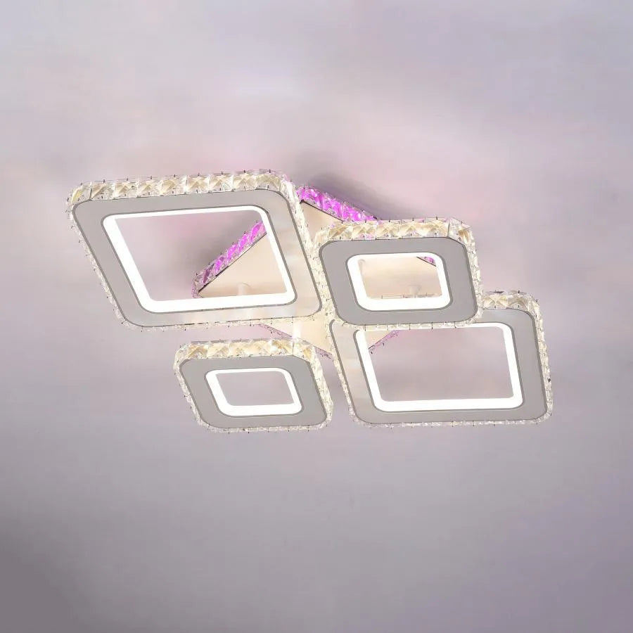 Lustra LED cu telecomanda si cristal TERRANO RGB 162W, 4 Patrate, lumina Rece/Calda/Neutra, Dimabila, Alb Crom Lucios [2]