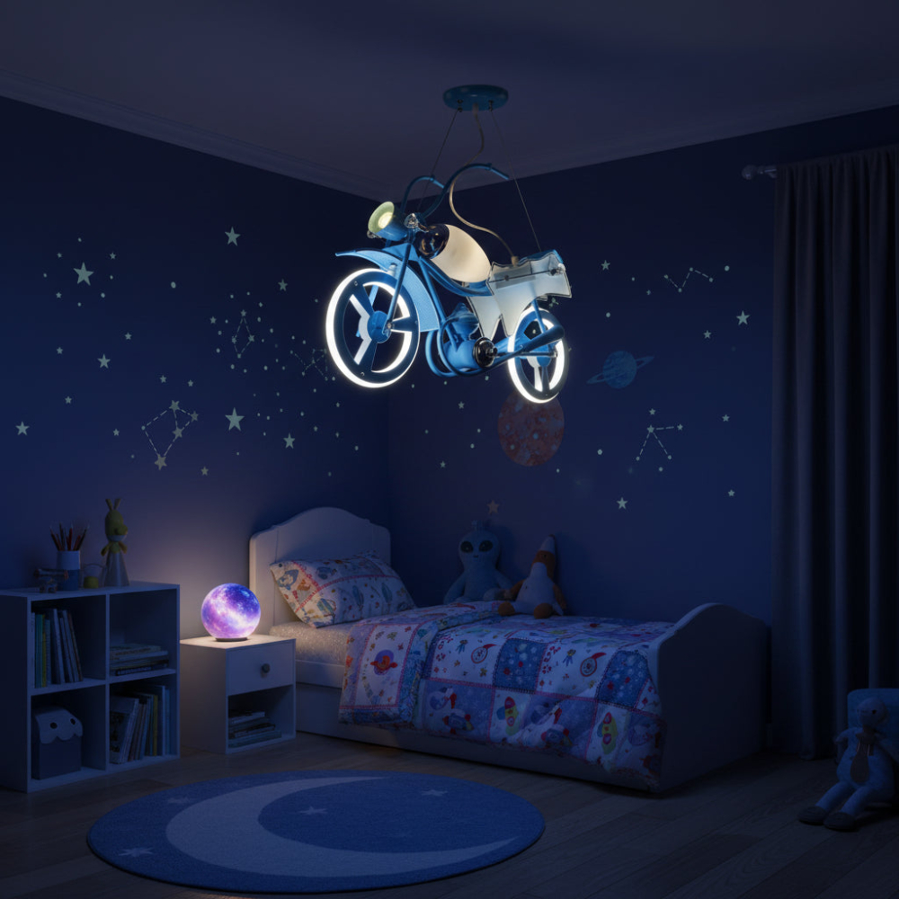 Lustra LED pentru copii MOTO, Tip motocicleta, 40W, Lumina Rece/Calda/Neutra, Albastru Alb [4]