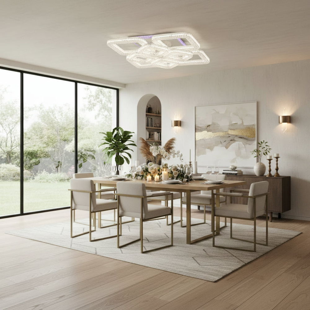 Lustra LED RENATO cu telecomanda si cristal, 128W, 8 Patrate, Lumina Rece/Calda/Neutra, Dimabila, Alb [2]