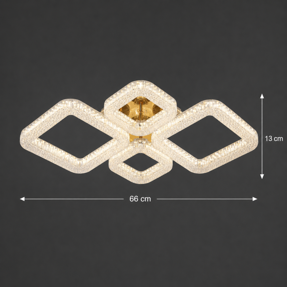 Lustra LED RENATO Eleganza cu telecomanda si cristal, 73W, 4 Patrate, Lumina Rece/Calda/Neutra, Dimabila, Auriu [4]
