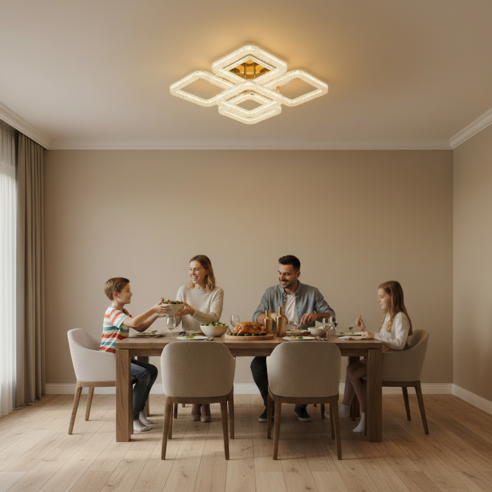 Lustra LED RENATO Magno cu telecomanda si cristal, 118W, 5 Patrate, Lumina Rece/Calda/Neutra, Dimabila, Auriu [3]