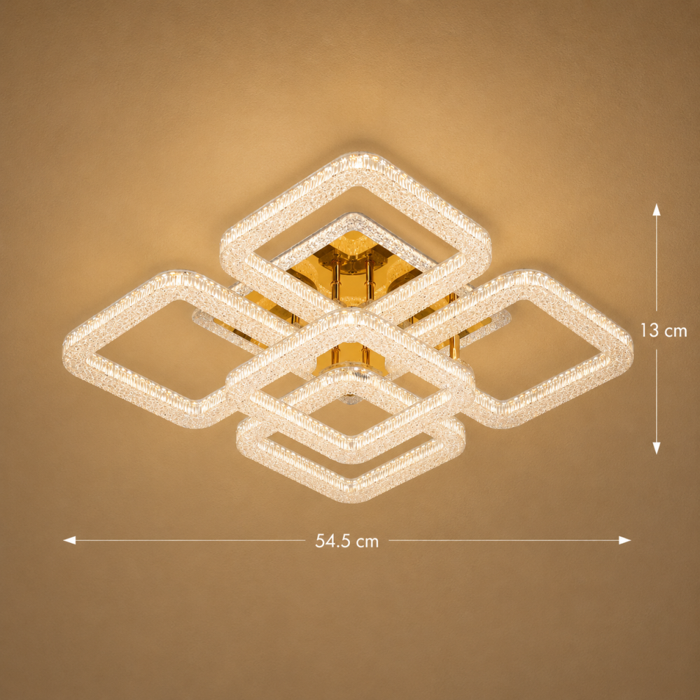 Lustra LED RENATO Magno cu telecomanda si cristal, 118W, 5 Patrate, Lumina Rece/Calda/Neutra, Dimabila, Auriu [4]