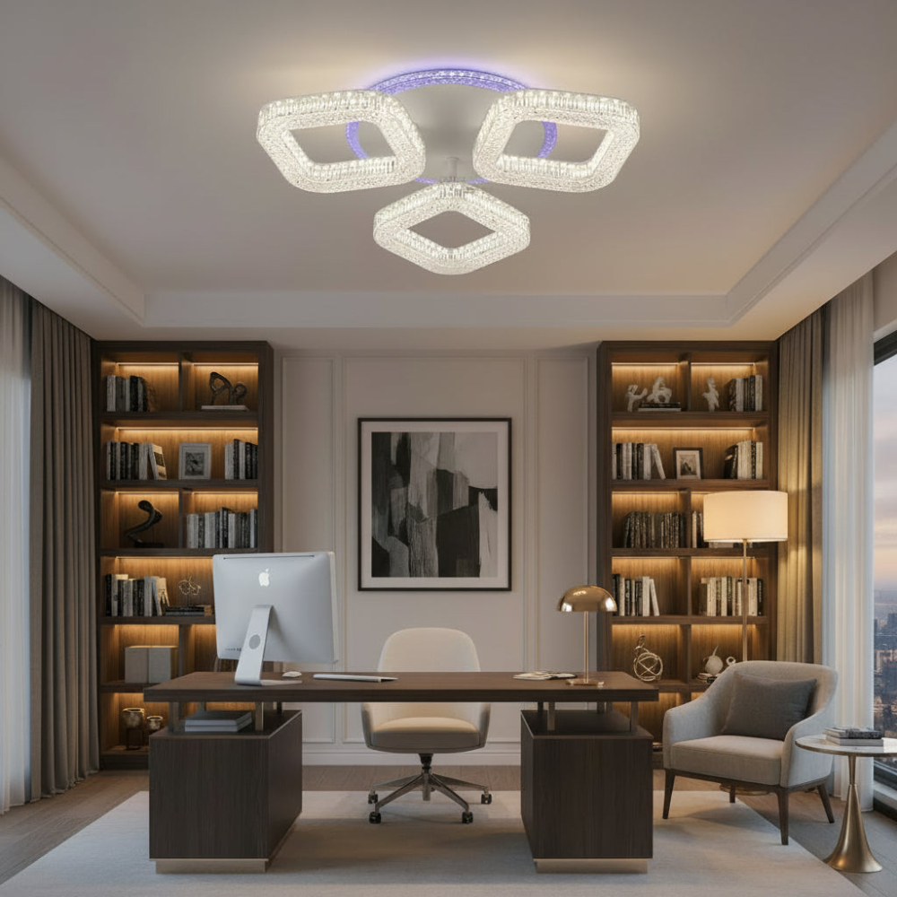 Lustra LED RENATO Nobile cu telecomanda si cristal, 39W, 3 Patrate, Lumina Rece/Calda/Neutra, Dimabila, Alb [2]