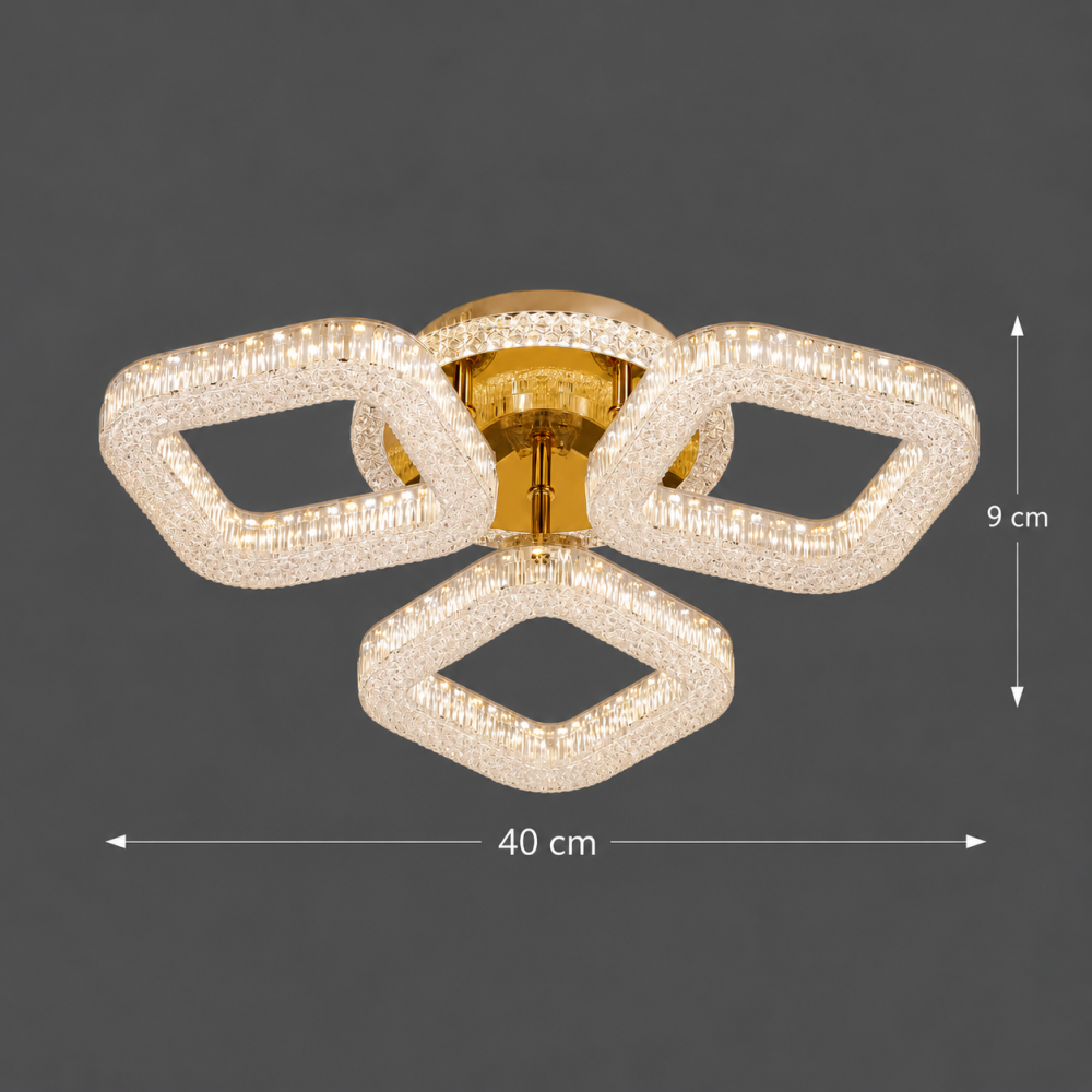 Lustra LED RENATO Nobile cu telecomanda si cristal, 39W, 3 Patrate, Lumina Rece/Calda/Neutra, Dimabila, Auriu [4]