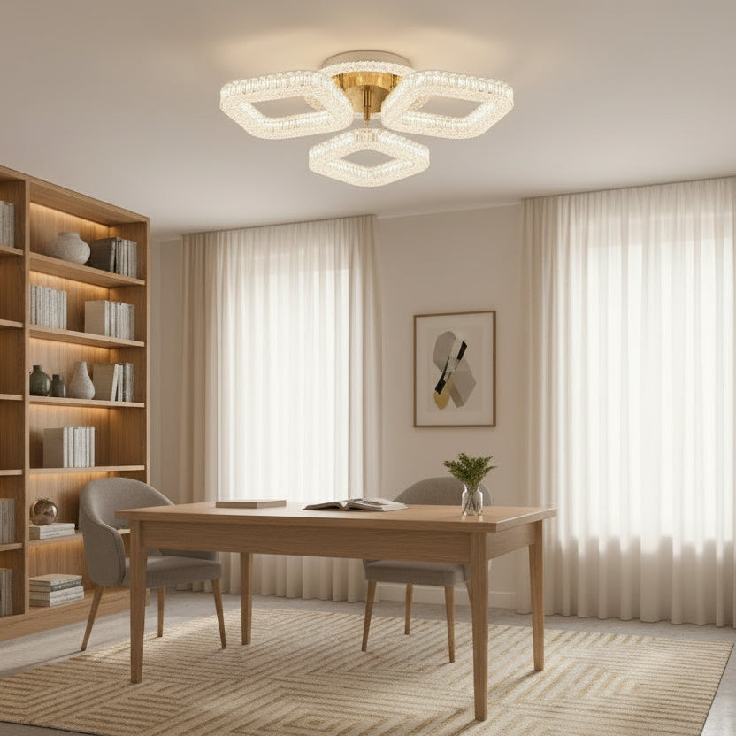Lustra LED RENATO Nobile cu telecomanda si cristal, 39W, 3 Patrate, Lumina Rece/Calda/Neutra, Dimabila, Auriu [2]