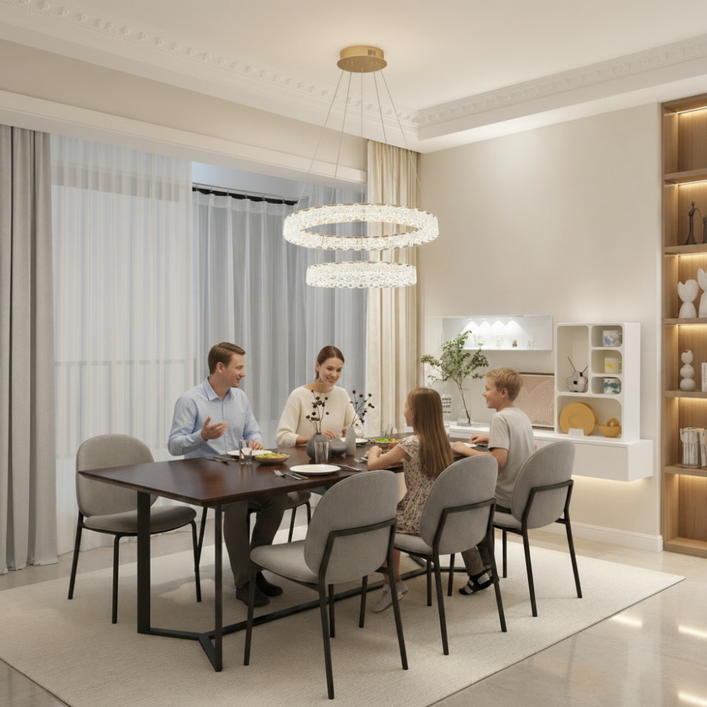Lustra LED SHELP Cristal cu telecomanda, 64W, Lumina Calda/Neutra/Rece, Φ60 cm, Inaltime Reglabila, Metal si Cristal, Auriu [3]