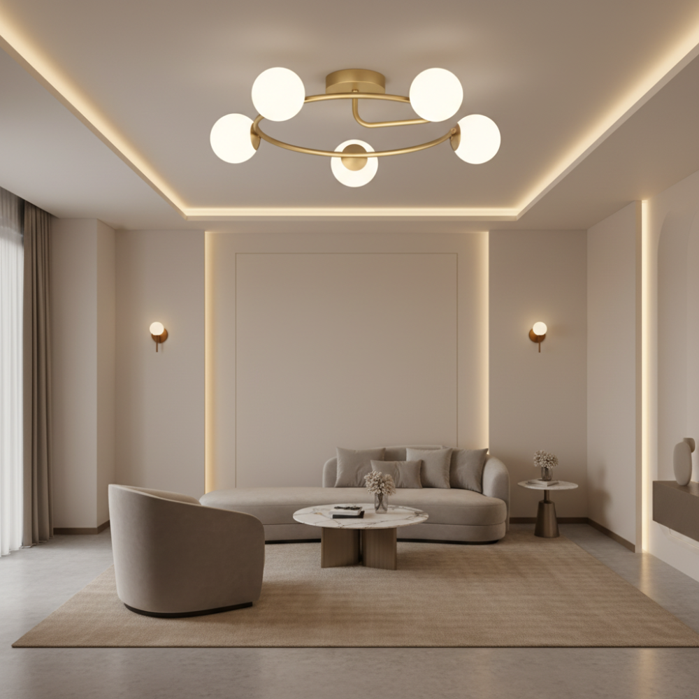 Lustra LED si cristal ORBIT, 72cm, 5xE27, Globuri, Auriu [2]