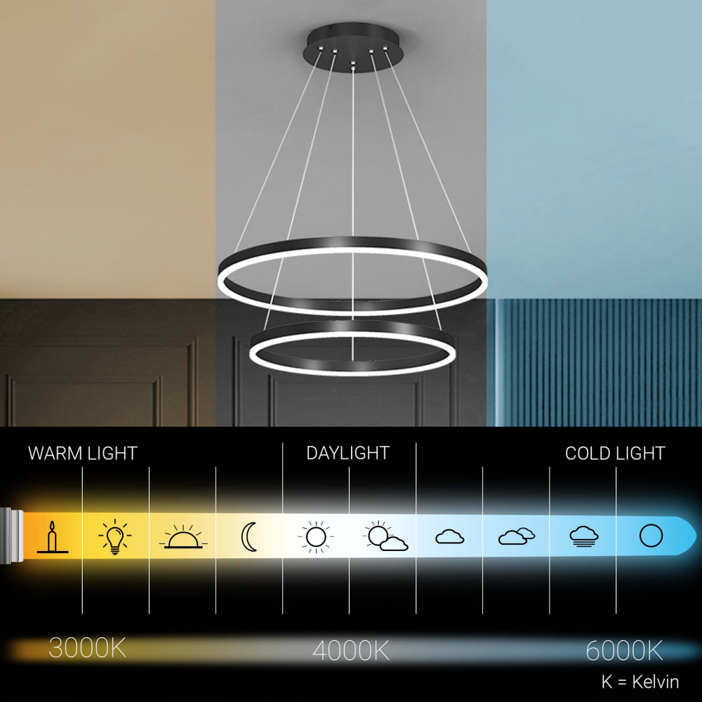 Lustra LED suspendata cu Telecomanda CASIANA 40W, 2 Cercuri, Lumina Rece/Calda/Neutra 3000K/4000K/6000K, Dimabila, Negru, Inaltime Reglabila, Metal si Acril [3]