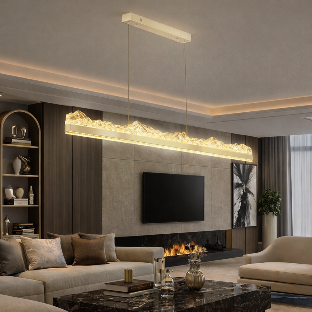 Lustra LED suspendata cu Telecomanda MARISTELLA 90W, lumina Rece/Calda/Neutra 3000K/4000K/6000K, Dimabila, Inaltime Reglabila, Auriu, Metal si Cristal [3]