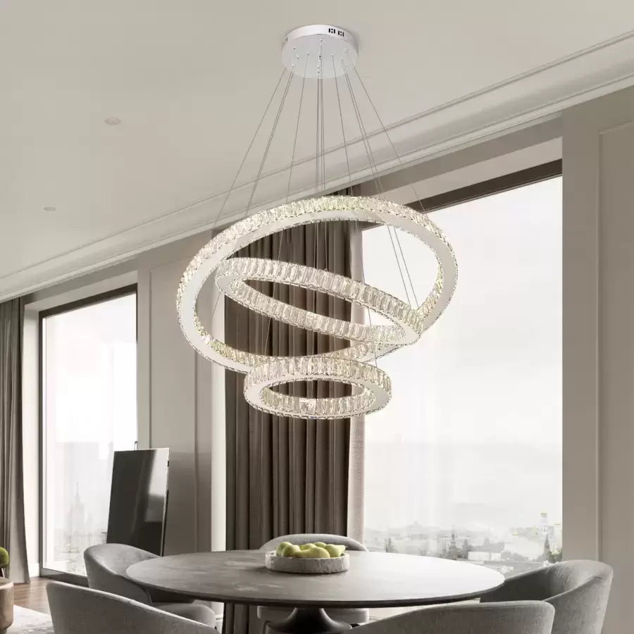 Lustra LED suspendata cu telecomanda si cristal CAYDEN 200W, 3 Cercuri, lumina Rece/Calda/Neutra, Dimabila, Crom Lucios, Inaltime Reglabila [4]