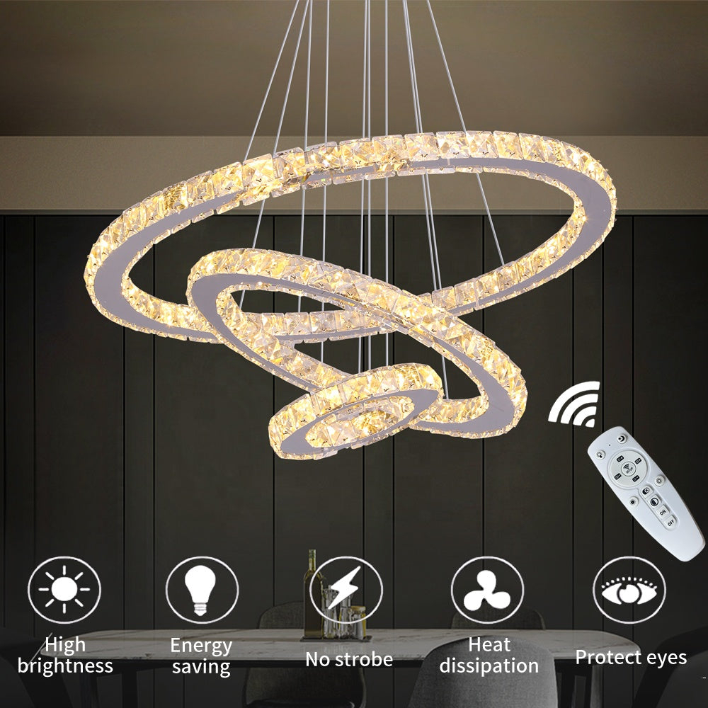 Lustra LED suspendata cu telecomanda si cristal CAYDEN 200W, 3 Cercuri, lumina Rece/Calda/Neutra, Dimabila, Crom Lucios, Inaltime Reglabila [3]