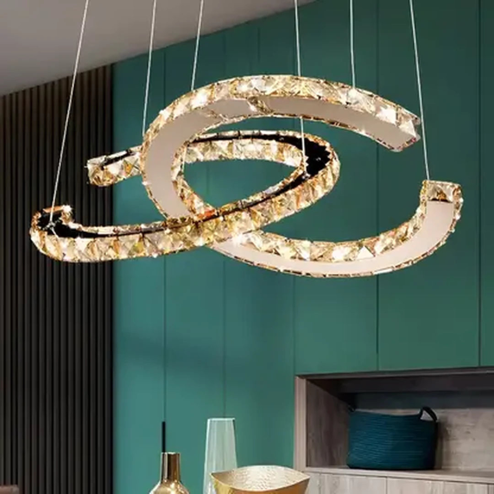 Lustra LED suspendata cu telecomanda si cristal PRISM ANTEA 57W, 2 Cercuri, lumina Rece/Calda/Neutra, Dimabila, Crom Lucios, Inaltime Reglabila [3]