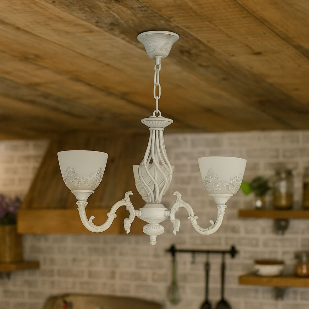Lustra VINTAGE, tip Pendul cu brate, COTTAGE, Circulara, 3xE27, Sticla si Metal, Alb [1]
