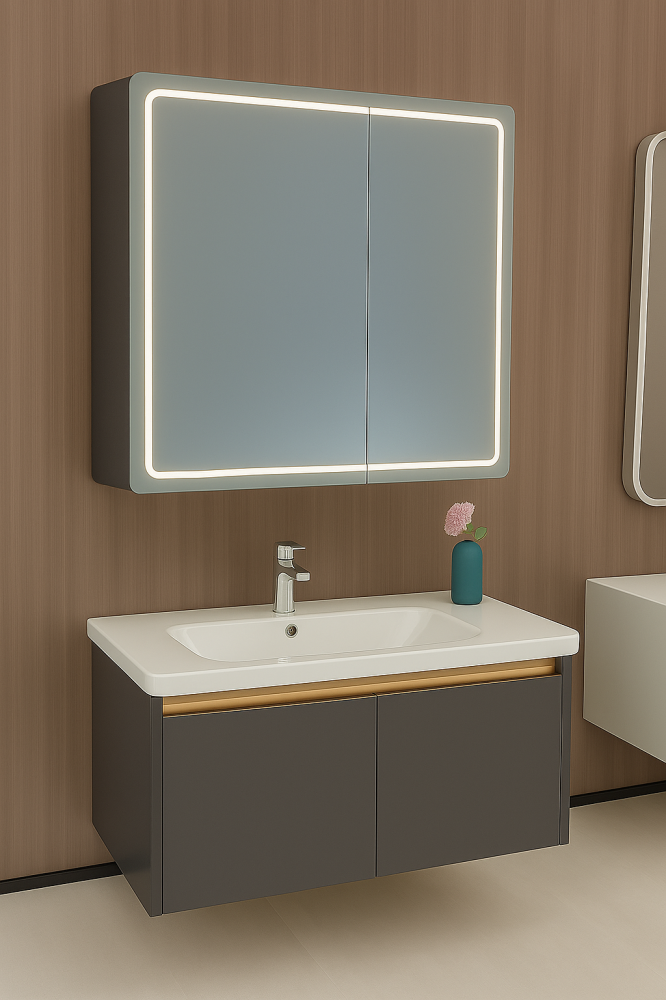 Oglinda LED cu Dulap de Baie si Lavoar Suspendat, 80x60 cm, Design Modern, Iluminare Integrata [2]