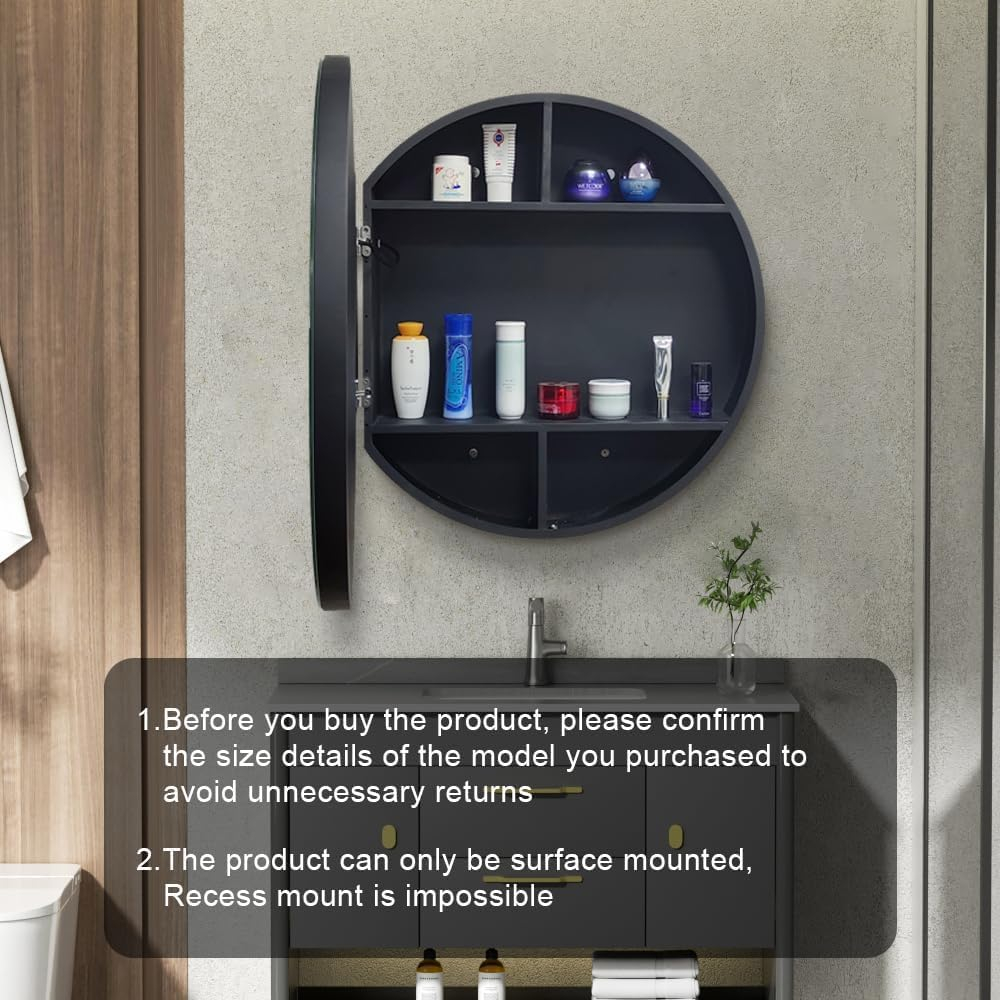 Oglinda LED cu Dulap, Rotunda, 50x50cm, Dezaburire, Rama Neagra, Spatiu de Depozitare [3]