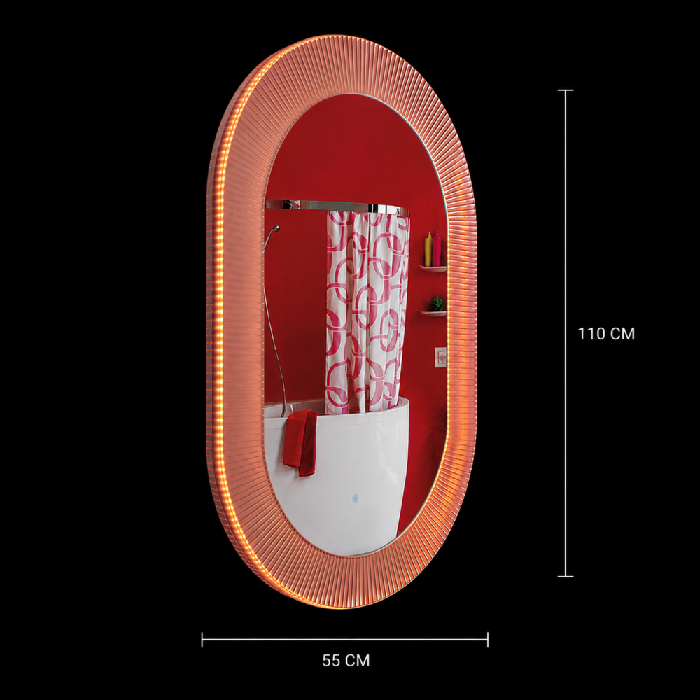 Oglinda LED FISHMAN Ovala, 55x110cm, Rama din acrilic cu efect irizat, Senzor, Lumina 3000K, 4000K, 6000K, Sistem Dezaburire, Acrilic, Functii Ceas si Temperatura [3]