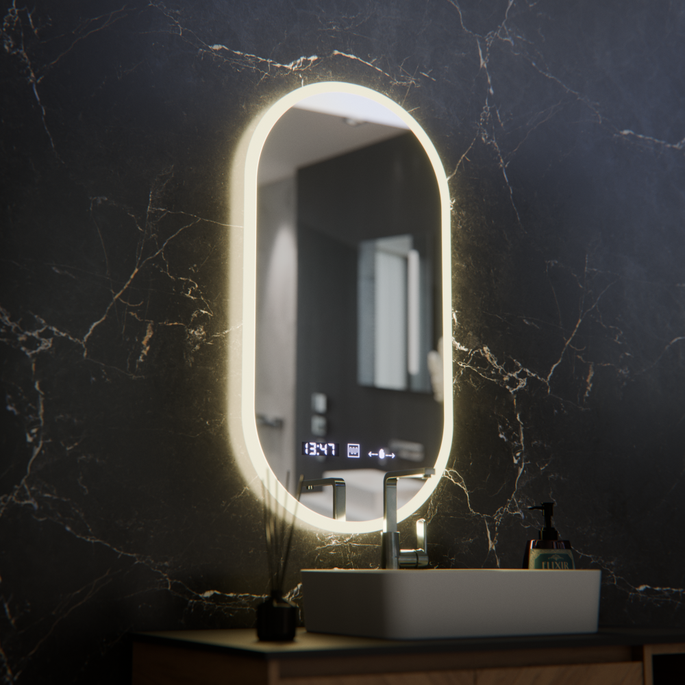 Oglinda LED Ovala, 50x100cm, Lucia Senzor Marcello, Sistem Dezaburire, Ceas & Termometru, Dimabila [3]