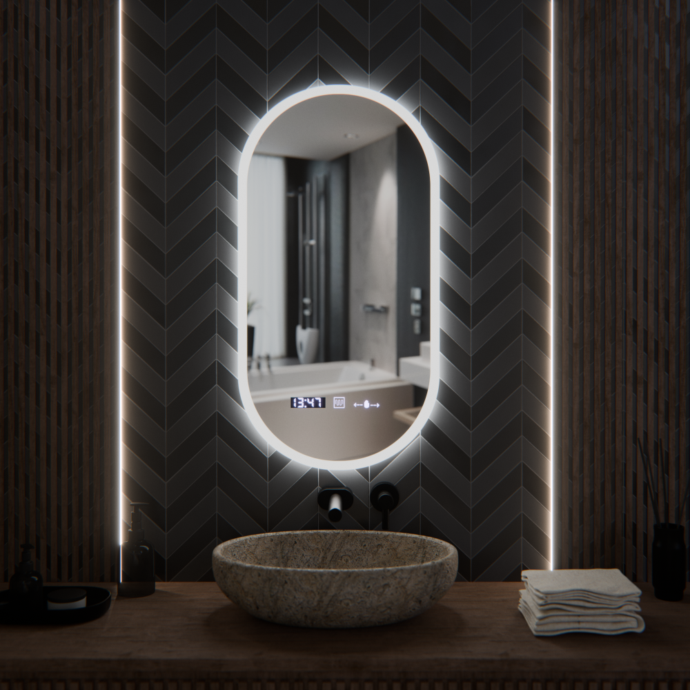 Oglinda LED Ovala, 50x100cm, Lucia Senzor Marcello, Sistem Dezaburire, Ceas & Termometru, Dimabila [4]