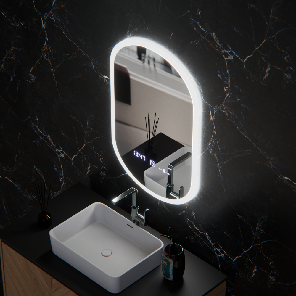 Oglinda LED Ovala, 50x80cm, Lucia Senzor Marcello, Sistem Dezaburire, Ceas & Termometru, Dimabila [3]