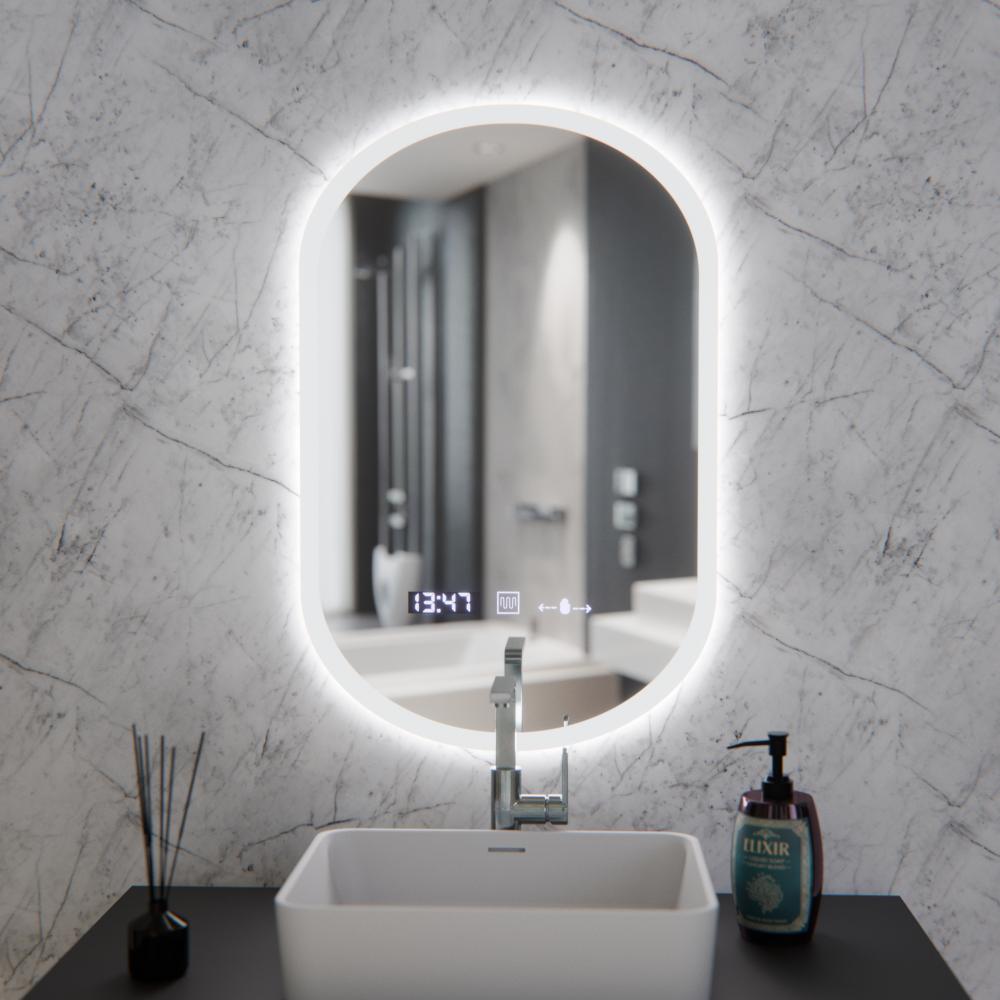 Oglinda LED Ovala, 50x80cm, Lucia Senzor Marcello, Sistem Dezaburire, Ceas & Termometru, Dimabila [4]