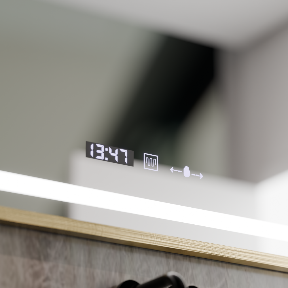 Oglinda LED Rectangulara, 120x80cm, Eclat MotionGlow Marcello, Sistem Dezaburire, Ceas & Termometru, Lupa Cosmetica, Dimabila, Rama Auriu Brushed [4]