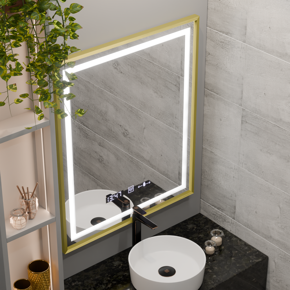 Oglinda LED Rectangulara, 75x90cm, Verite Royale Gold MotionGlow Marcello, Sistem Dezaburire, Ceas & Termometru, Dimabila [3]
