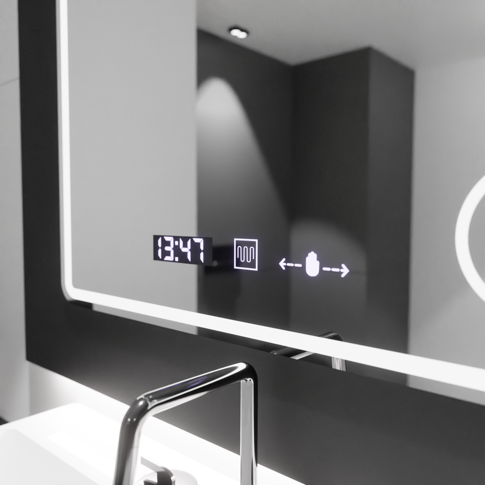 Oglinda LED Rectangulara, 90x75cm, Riflesso MotionGlow Marcello, Sistem Dezaburire, Ceas & Termometru, Lupa Cosmetica, Dimabila [2]