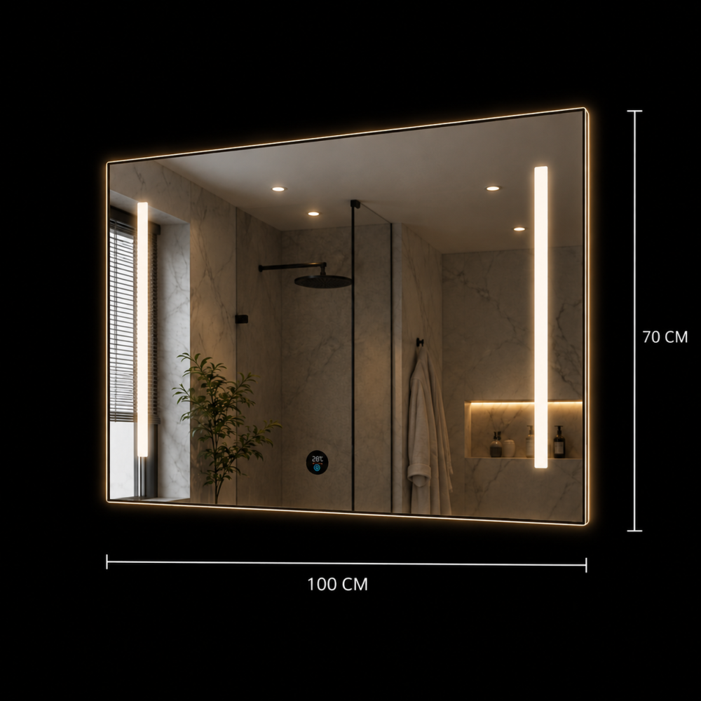 Oglinda LED SLUPSK, 100x70cm, Gri, Comutator rotativ inteligent cu afisaj RGB, CCT reglabil 3000K-6000K, Metal, Functii Ceas [3]