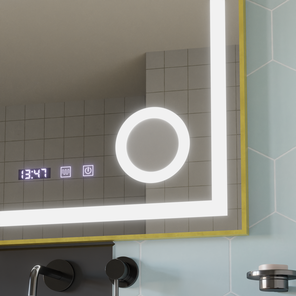 Oglinda LED Touch CLARUS Sistem Dezaburire, Ceas si Temperatura 80x60 cm Rama Auriu Brushed Lupa Cosmetica [2]