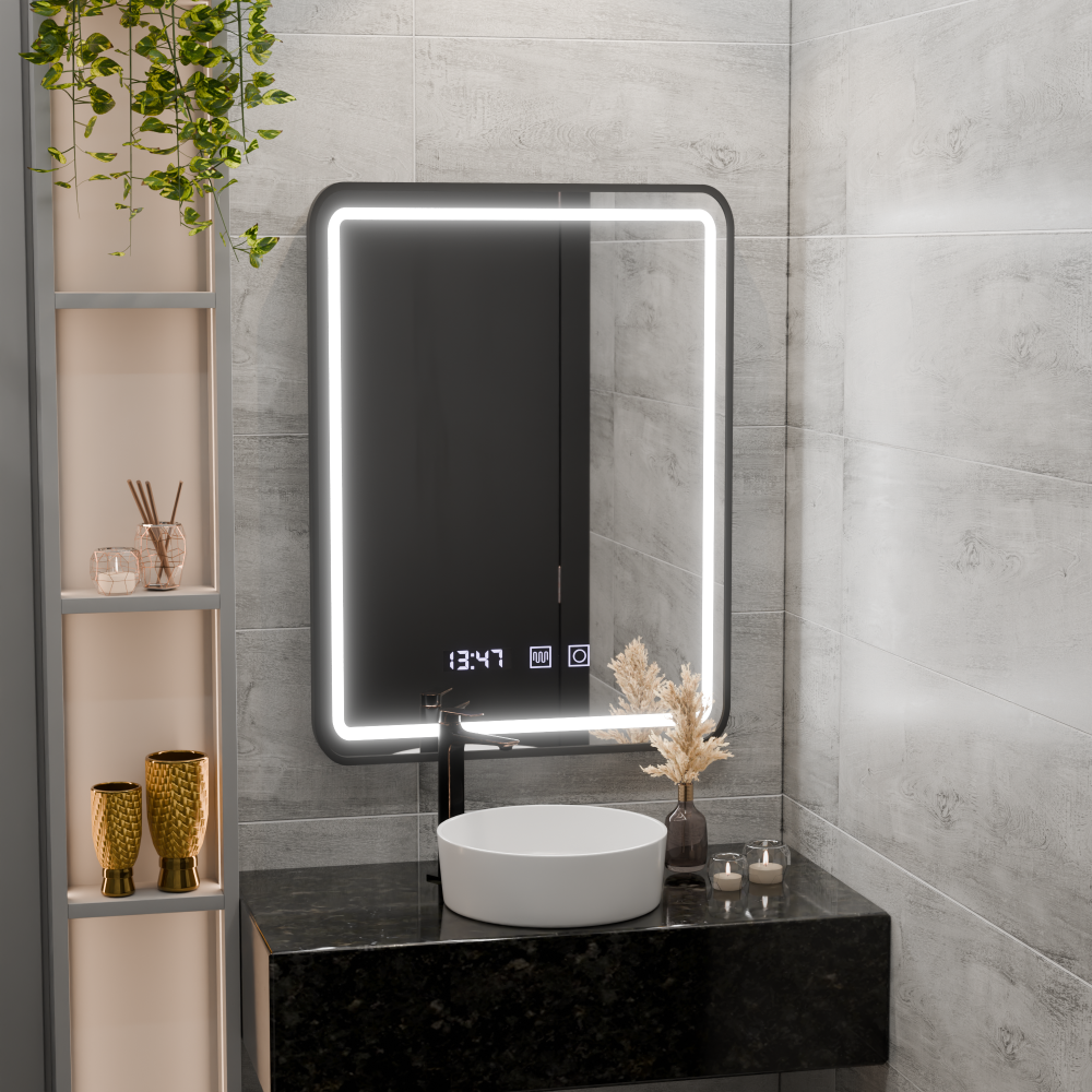 Oglinda LED Touch LUCIDA Sistem Dezaburire, Ceas si Temperatura 50x70 cm Rama Negru Brushed [3]