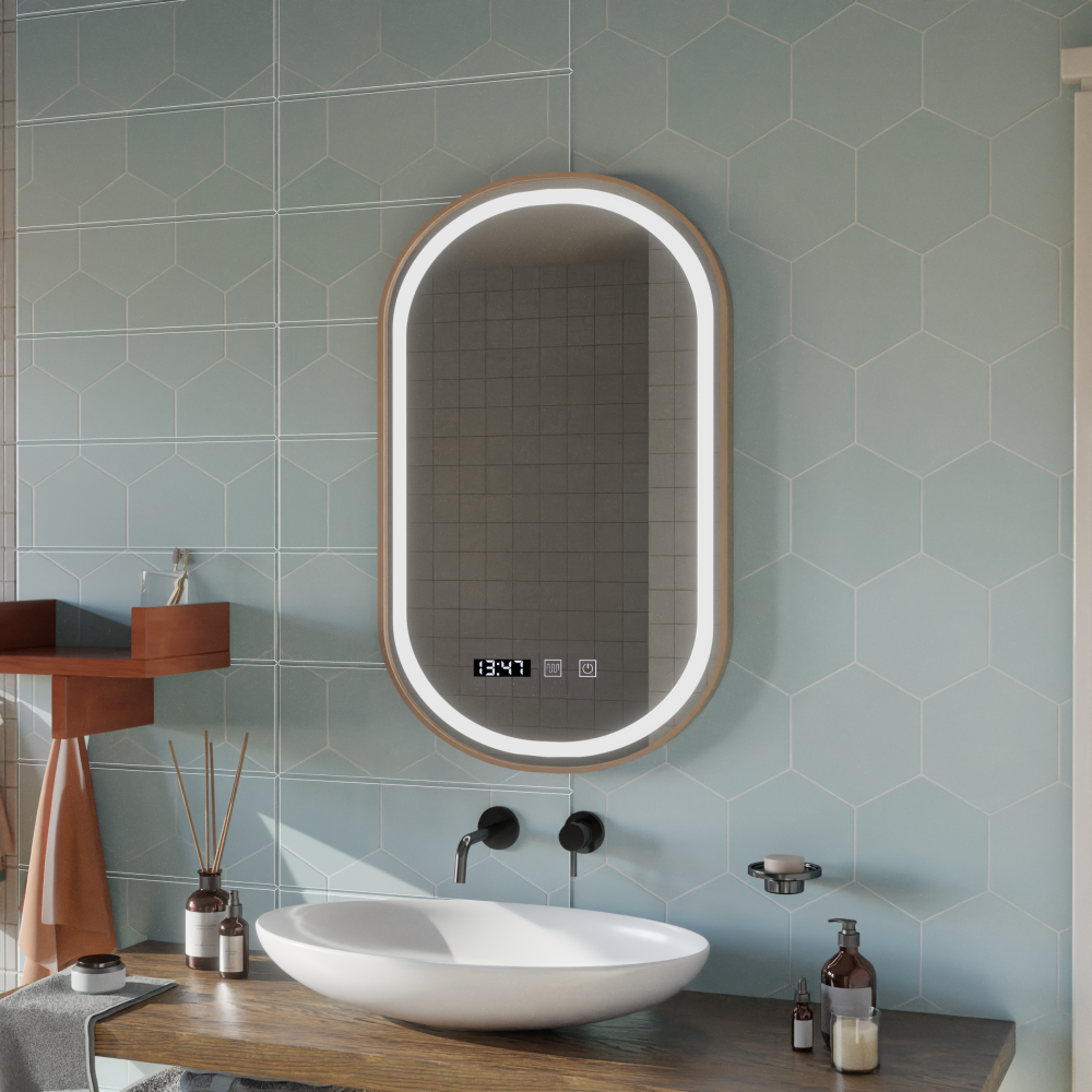 Oglinda LED Touch Siegfried Sistem Dezaburire, Ceas si Temperatura, 45x90cm, Rama Auriu Brushed, Lumina Calda Neutra Rece 3000K/4000K/6000K [3]