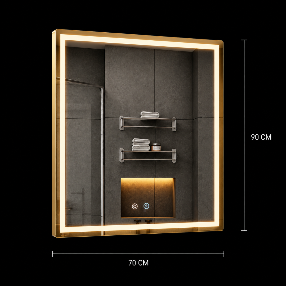 Oglinda LED WAMOSK, 90x70cm, Auriu, Senzor, Lumina 3000K, 4000K, 6000K, Sistem Dezaburire, Metal, Functii Ceas si Temperatura [3]
