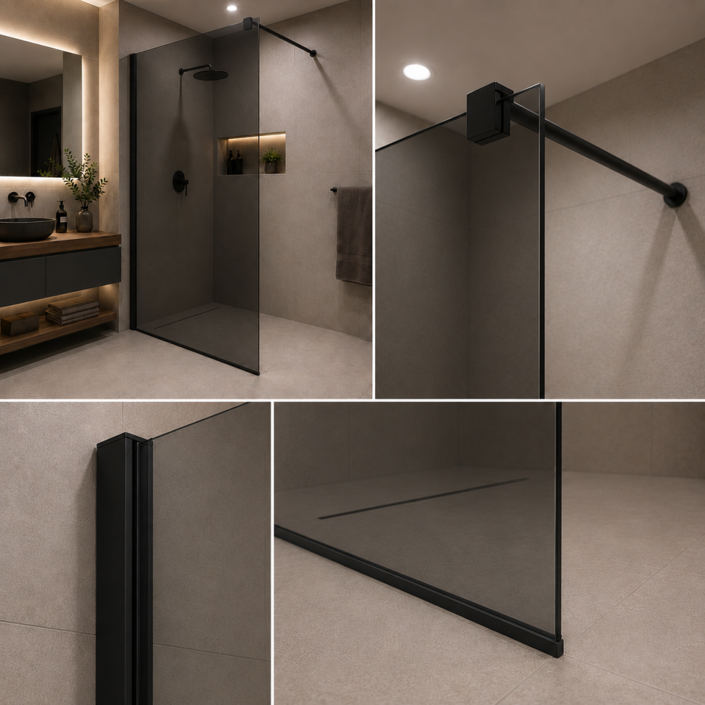 Paravan dus Walk-In 70x195cm, Sticla Gri securizata 8 mm, Profil metalic rezistent, Negru [2]