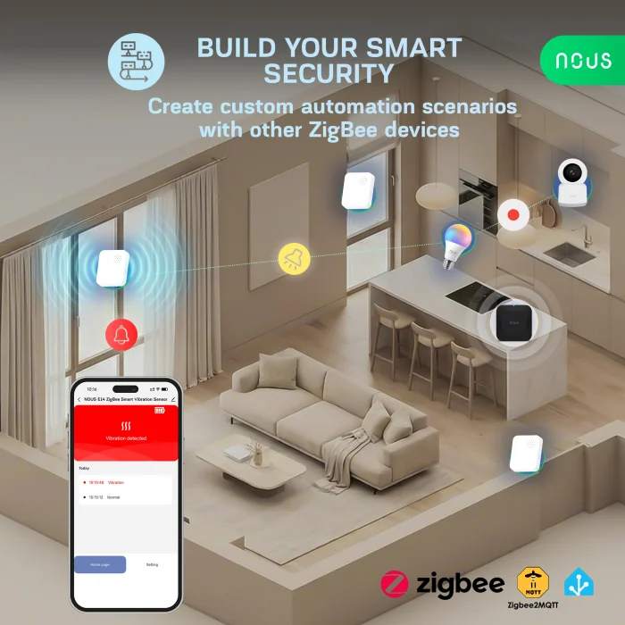 Senzor Vibratii Smart NOUS E14 Zigbee 3.0, alarma anti-efractie cu sirena puternica, notificari aplicatie, compatibil Alexa/Google Assistant [6]