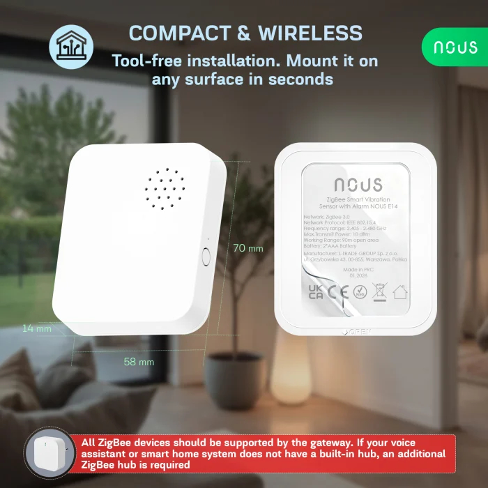 Senzor Vibratii Smart NOUS E14 Zigbee 3.0, alarma anti-efractie cu sirena puternica, notificari aplicatie, compatibil Alexa/Google Assistant [5]