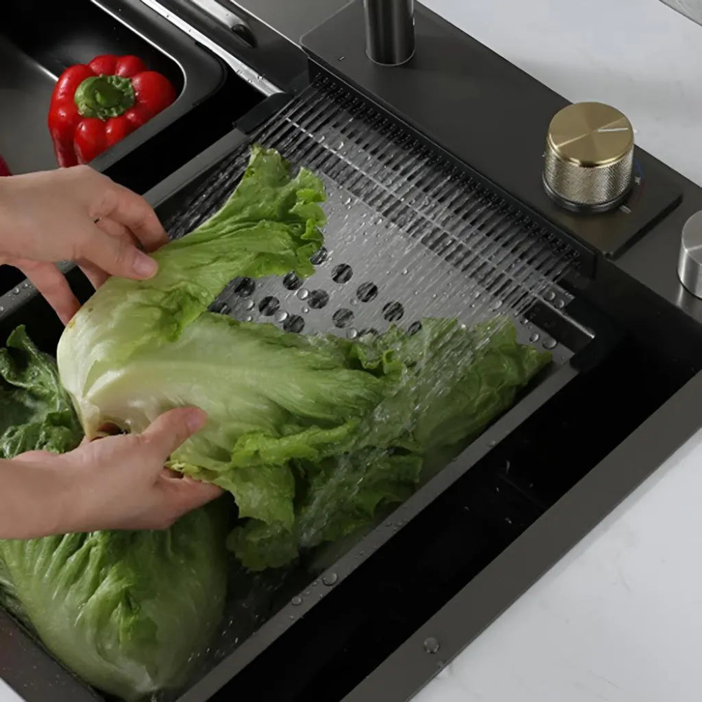 Set Chiuveta Bucatarie Inox cu Baterie Dubla, Cuva Perforare Legume/Fructe, Cuva Universala cu Dop Scurgere, Tocator, Negru Grafit, 75x45X21cm [2]